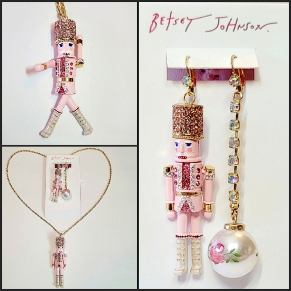 💖Betsey Johnson Pink Nutcracker Christmas Necklace & Mismatched Earrings Set.
